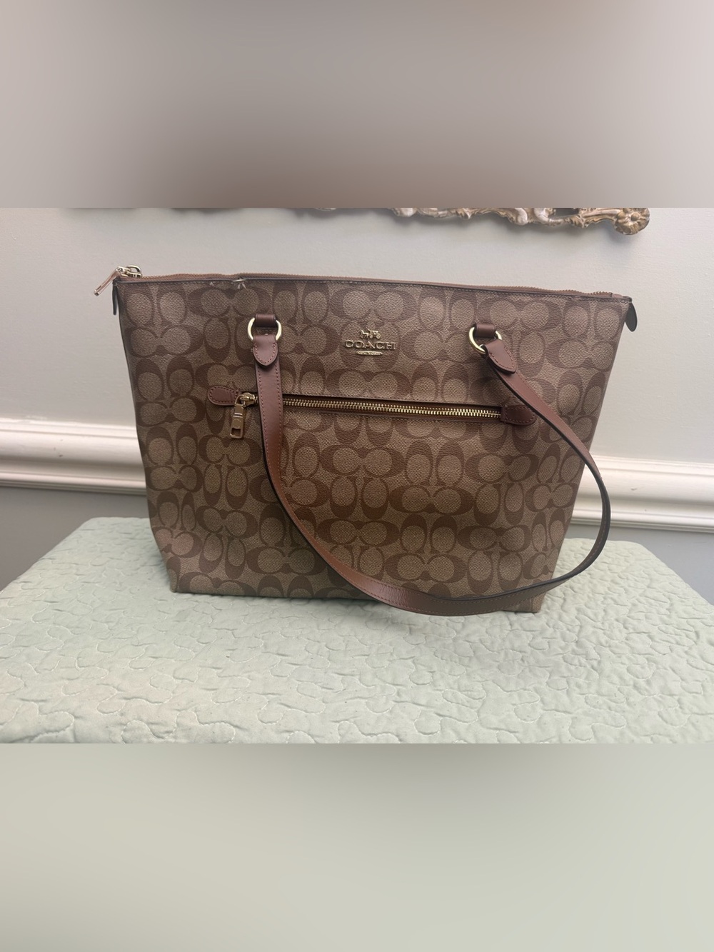 Coach Brown Signature Canvas Tote with Leather Trim